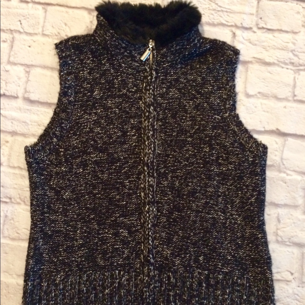 Style & Co Black Faux Fur Vest Petite Large